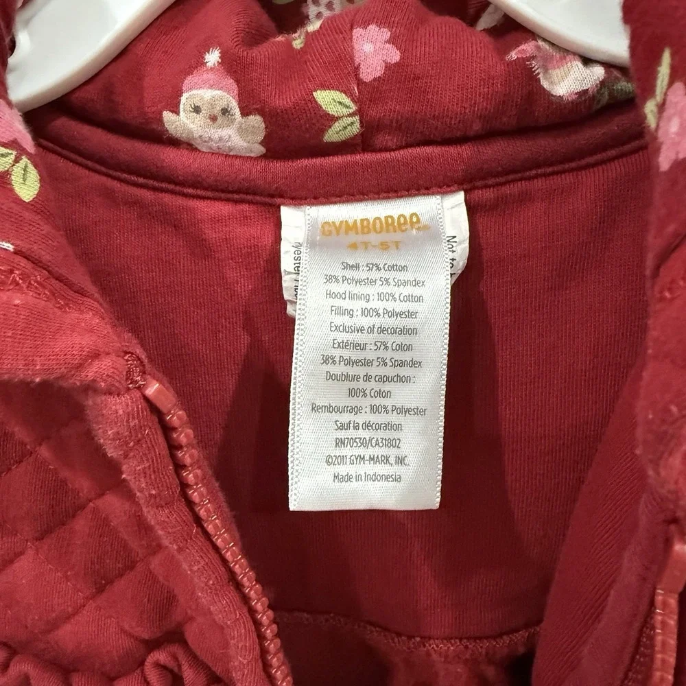 Gymboree Hoodie Red Sweatshirt Jacket 2012 Cozy Owl Line Girl Size 5T-6T Quilted